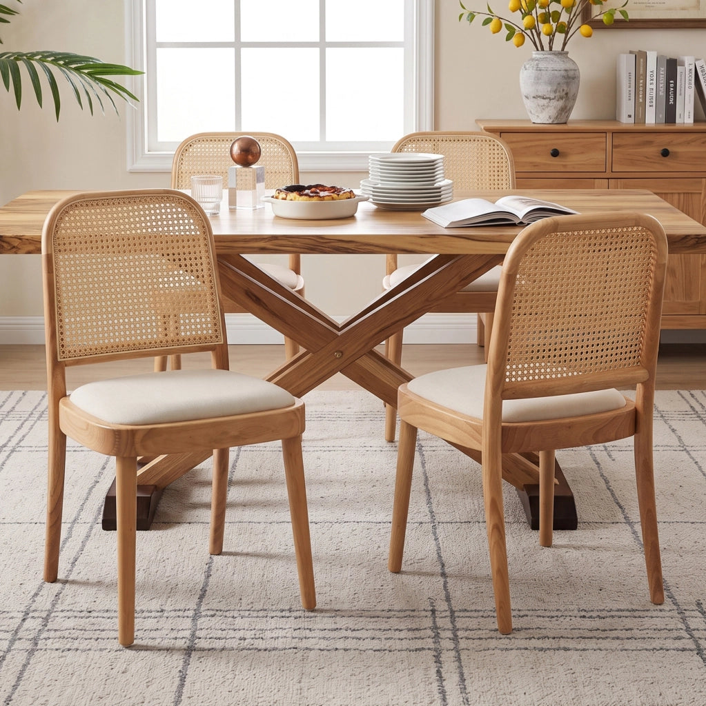 Set 4 sedie da pranzo in legno massello con schienale in rattan e seduta in lino; color legno HOMVRA