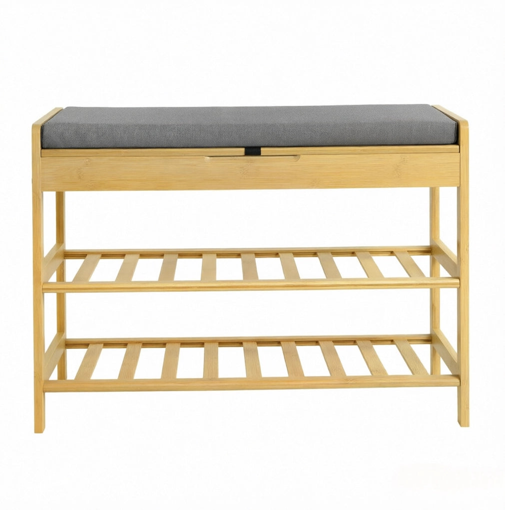 Panca Porta Scarpe Angolare in Bambù con Seduta Morbida e Vano Nascosto, 68x50x30 cm, Capacità 150 kg