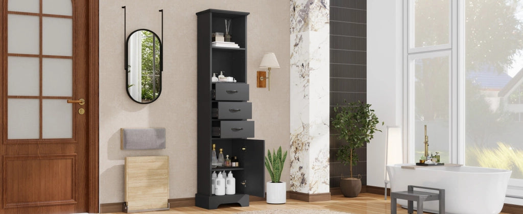 Mobile bagno nero da 38x26x172,5 cm in MDF con 3 cassetti, ripiani regolabili e anta, verniciato per resistenza all'umidità