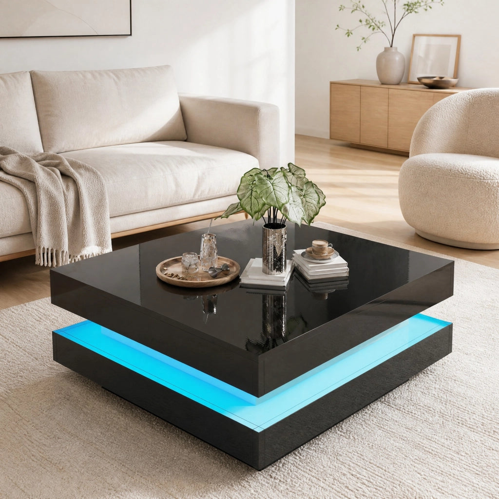 Desviae Tavolino basso quadrato con LED controllati tramite app Bluetooth in pannello truciolare nero 70 × 70 × 36 cm