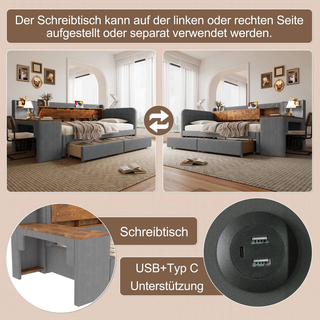 LETTO Giorno 90x200 cm Grigio in lino con scrivania, 2 cassetti e USB Tipo C