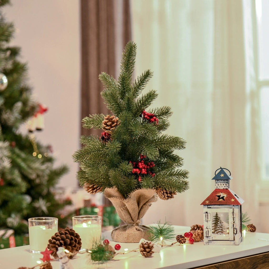 Albero di Natale 50 cm, abete artificiale con 55 rami, 4 bacche rosse e 4 pigne, base stabile in PE e cemento, Ø28 x 50 cm