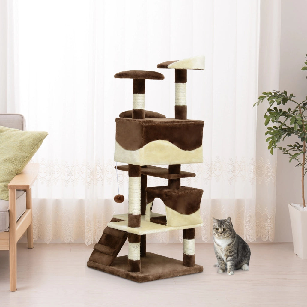 EasyComfort Albero Tiragraffi per Gatti in Peluche e Sisal con Cucce e Pallina 50×50×134.5cm Caffè e Crema