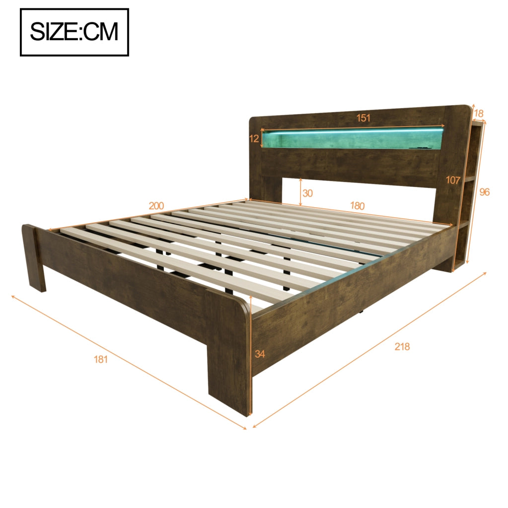 Letto in legno con testiera contenitore, illuminazione LED e prese integrate 180x200 cm Vintage