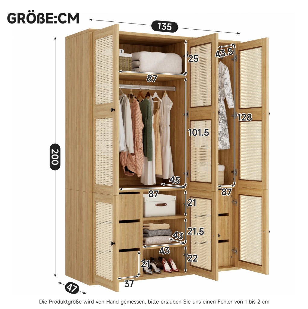 Armadio guardaroba 135x47x200 cm in MDF con 6 cassetti, 4 vani e 2 appendiabiti