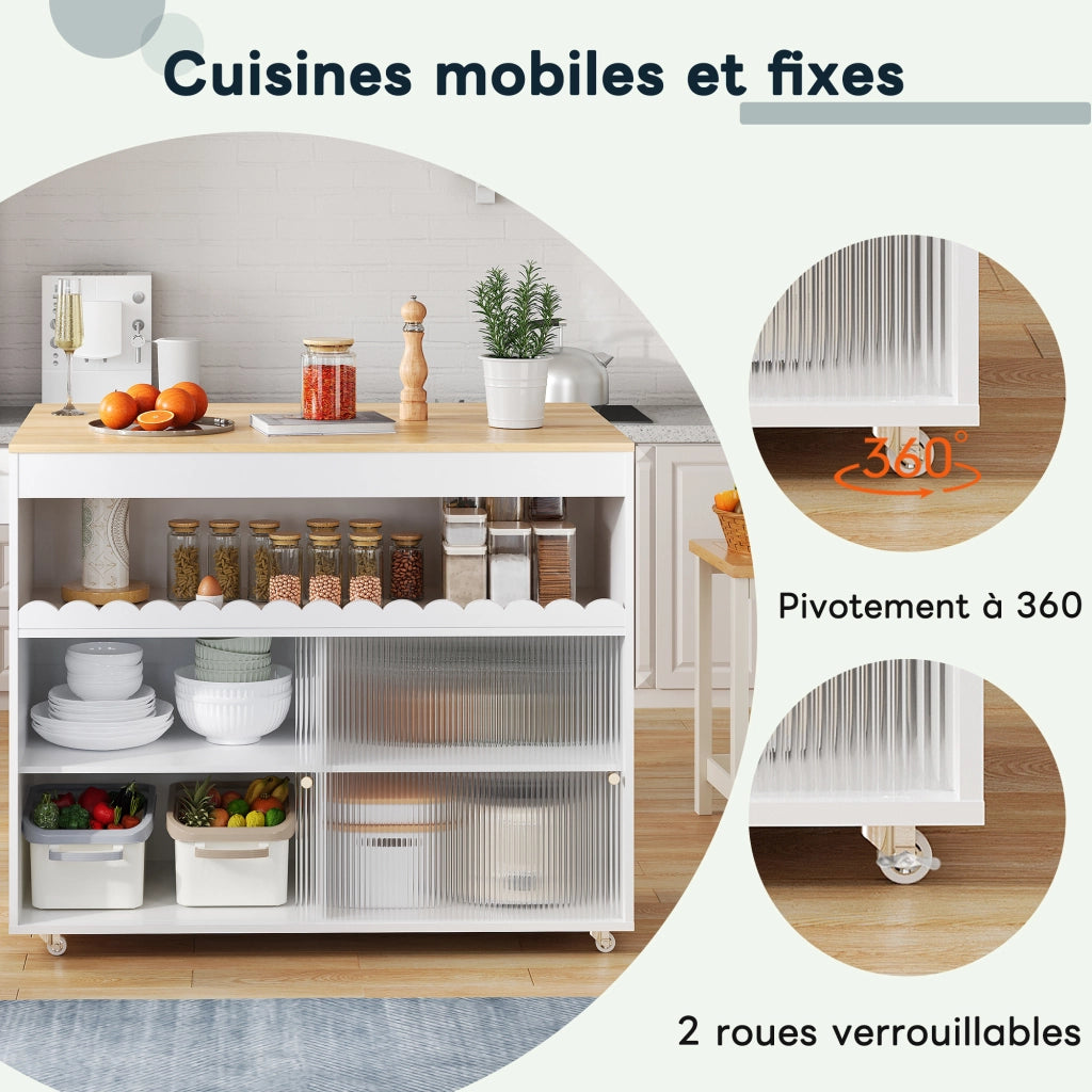 Carrello da cucina con piano pieghevole; ante scorrevoli in vetro temperato e ruote bianco naturale 122 × 46(69) × 91 cm