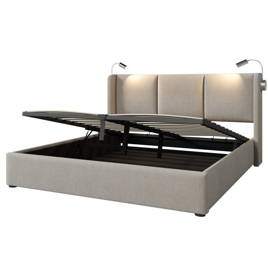 Letto imbottito 140x200 cm con contenitore, luce da lettura USB e rivestimento in lino beige