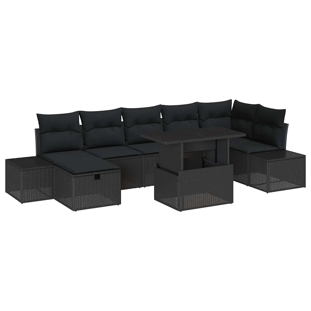 Set Divano da Giardino con cuscino 8 pcs Nero Poly Rattan