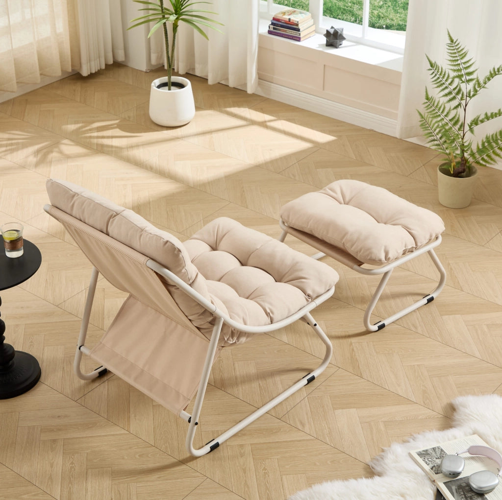 Sedia Lounge da Giardino con Poggiapiedi e Cuscino Beige in Acciaio