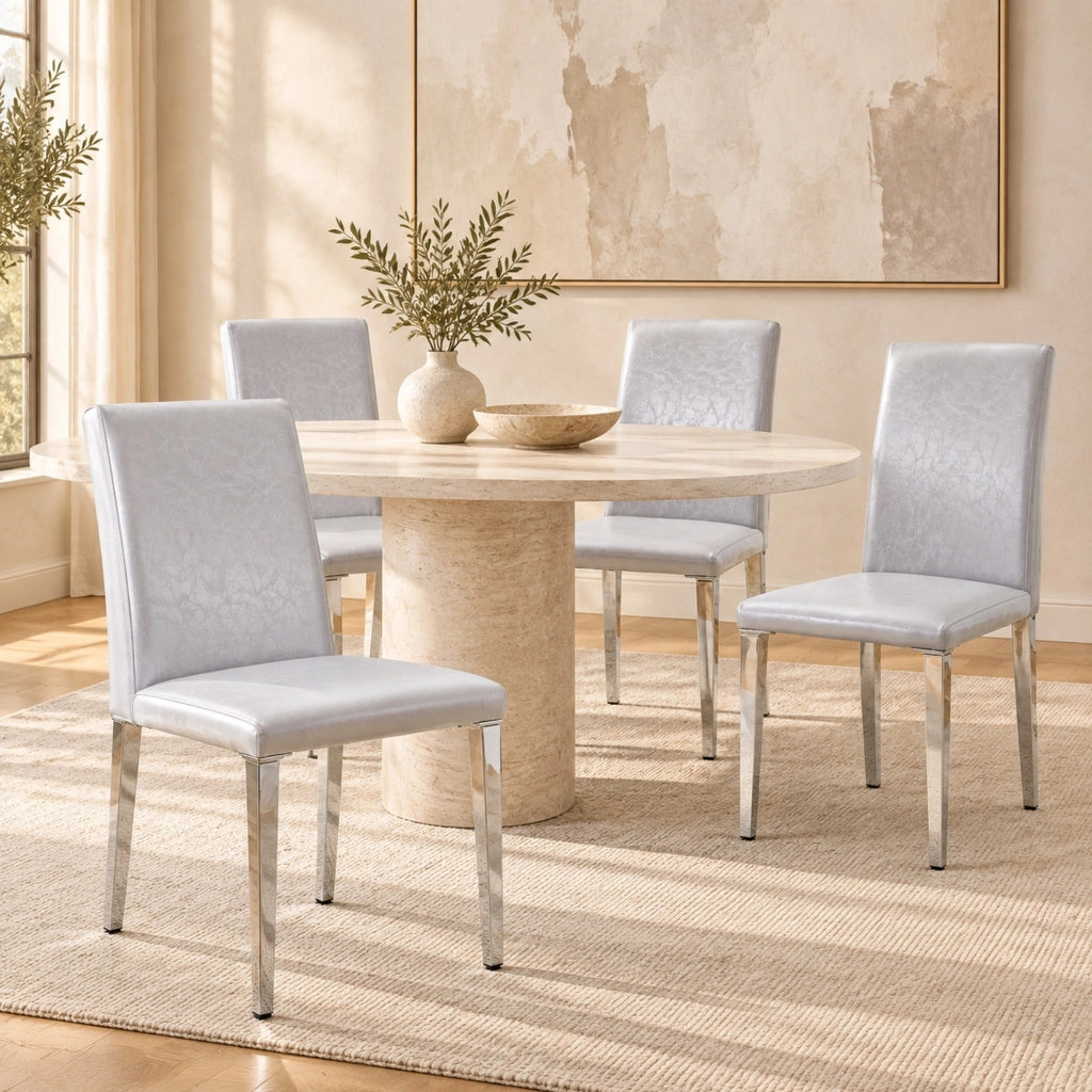 Set 4 sedie da pranzo in similpelle PU grigio chiaro con gambe in metallo argento HOMVRA