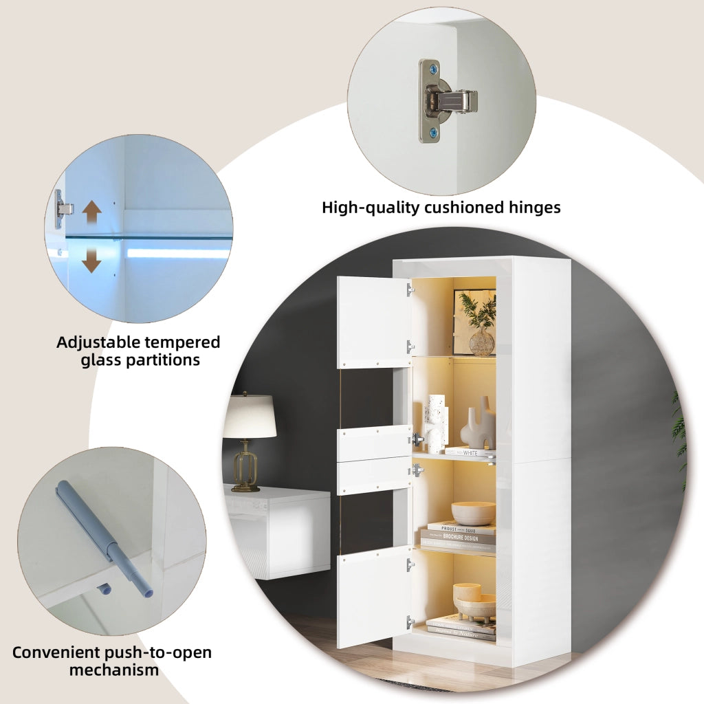 Vetrina LED con 2 ante e ripiani in vetro regolabili in truciolato bianco lucido da soggiorno 61 × 42 × 162 cm