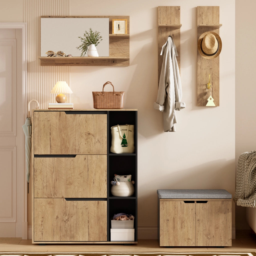 Set Appendiabiti con Specchio, Scarpiera e Panca Imbottita in Legno Nero 150x35x161,5 cm per Ingresso