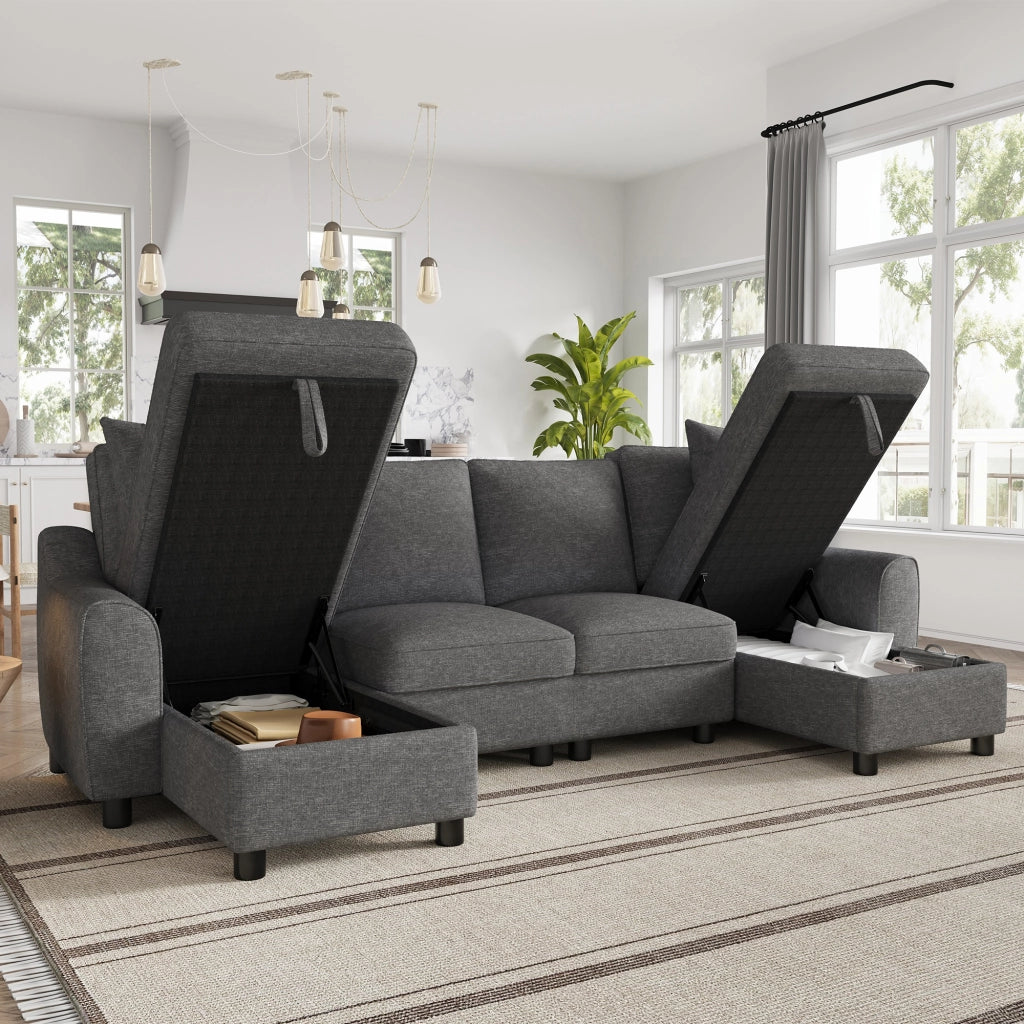 Divano modulare a U con chaise longue contenitore e cuscini in chenille grigio