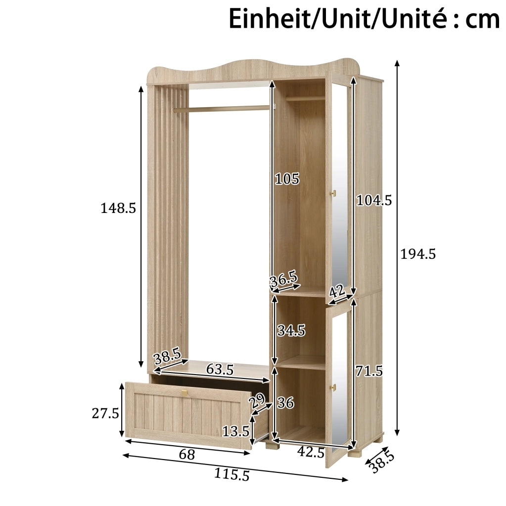 Guardaroba con specchio integrato e appendiabiti aperto in MDF color quercia, 115,5x38,5x194,5 cm
