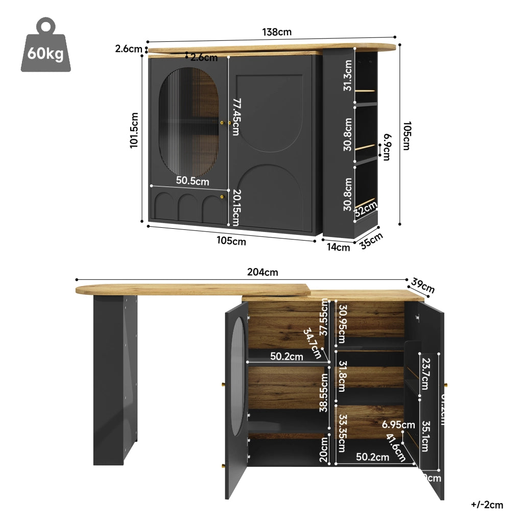 Tavolo alto da cucina con contenitore, MDF e metallo, 138 x 73 x 92,5 cm, nero