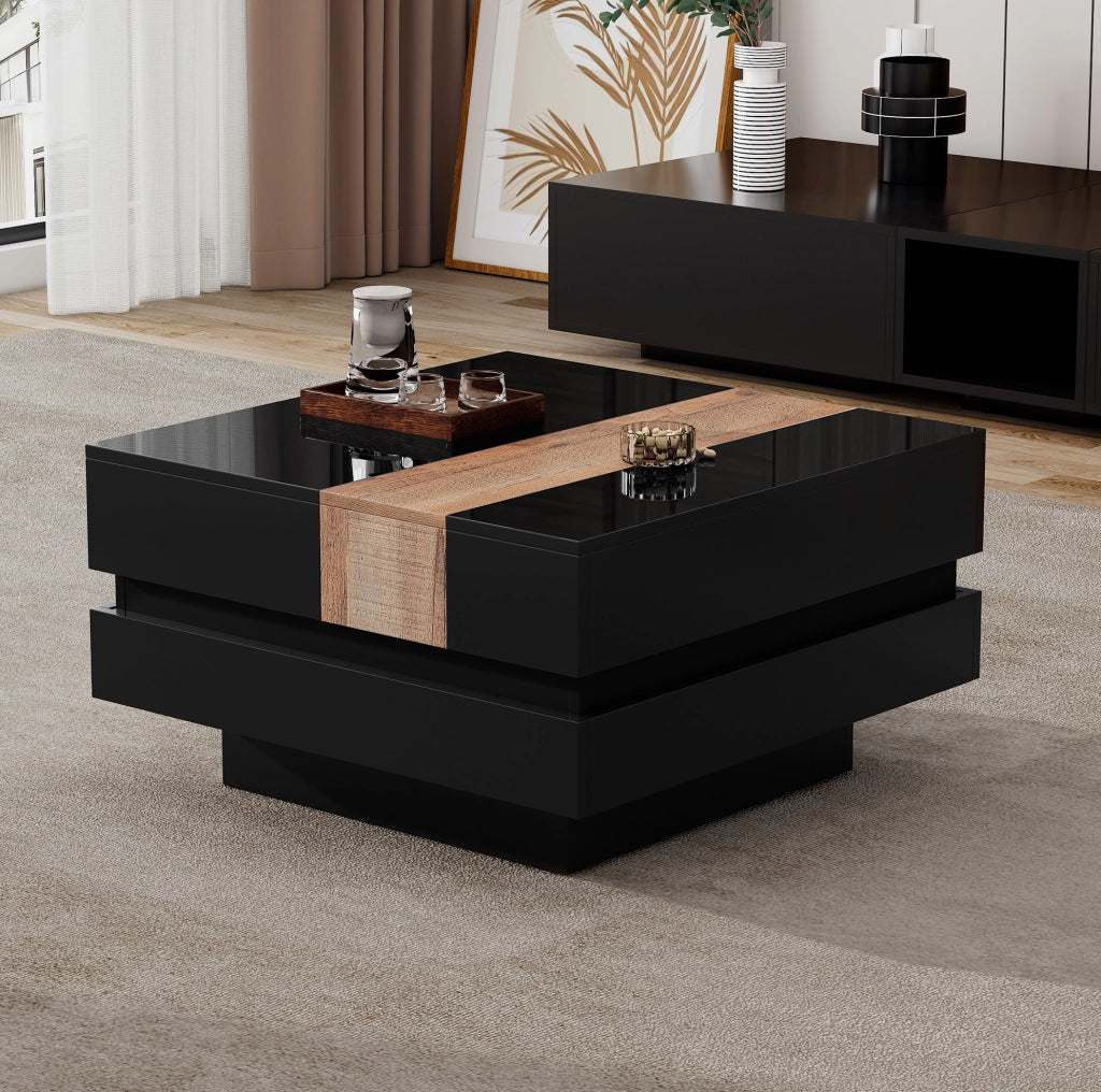 Tavolino da salotto quadrato 70x70x39 cm in MDF nero con piano estraibile e spazio contenitore nascosto