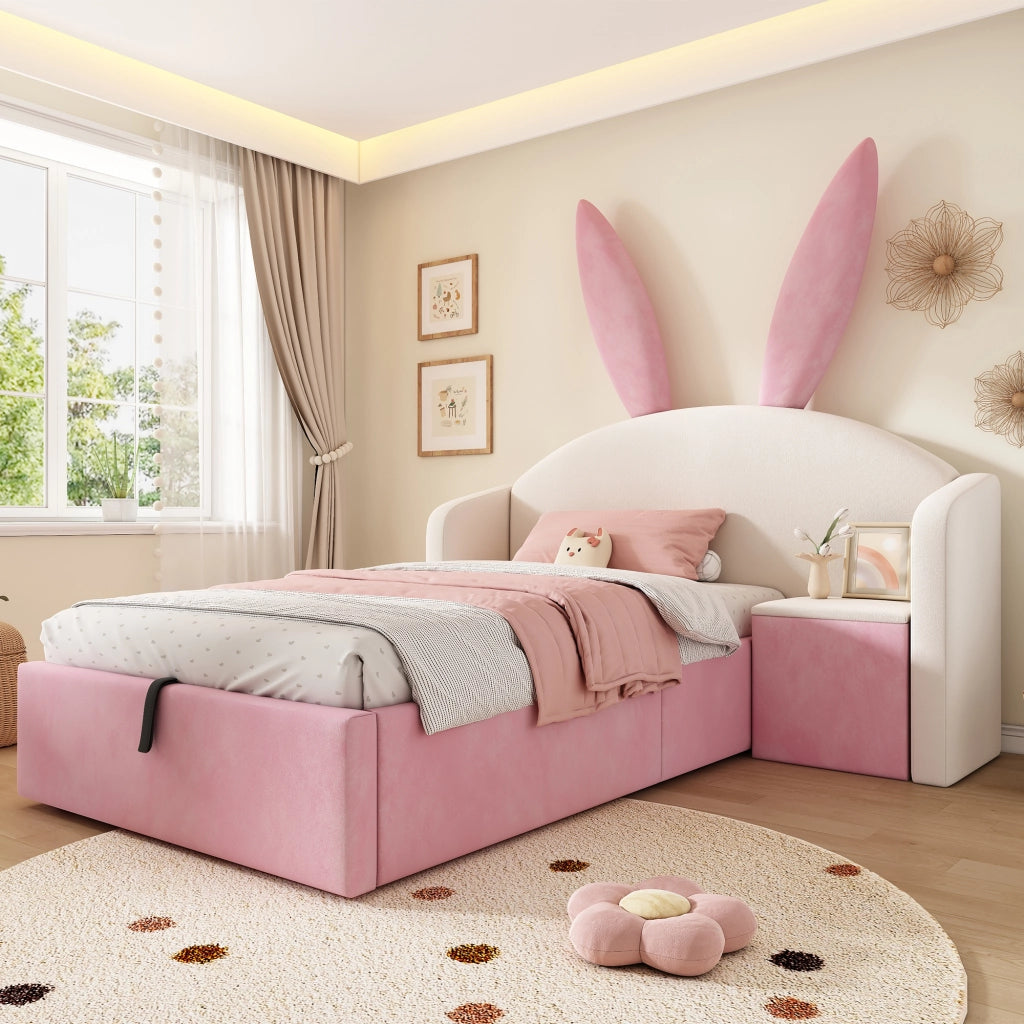 Letto per bambini 90x200 imbottito con contenitore idraulico e comodino integrato