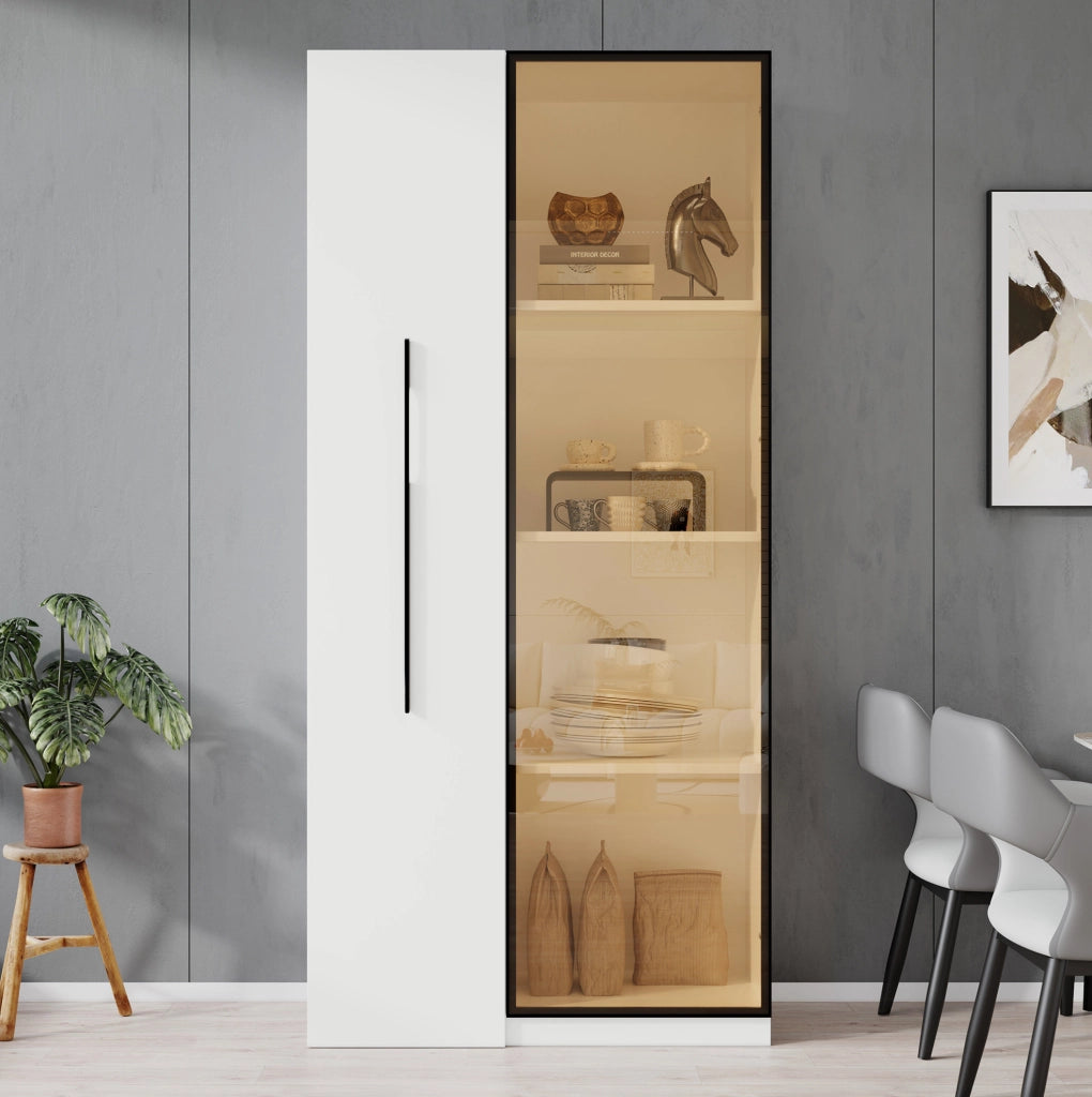 Mobile multifunzione 70 x 40 x 160 cm con libreria estraibile; vetrina LED e vetro temperato; MDF bianco