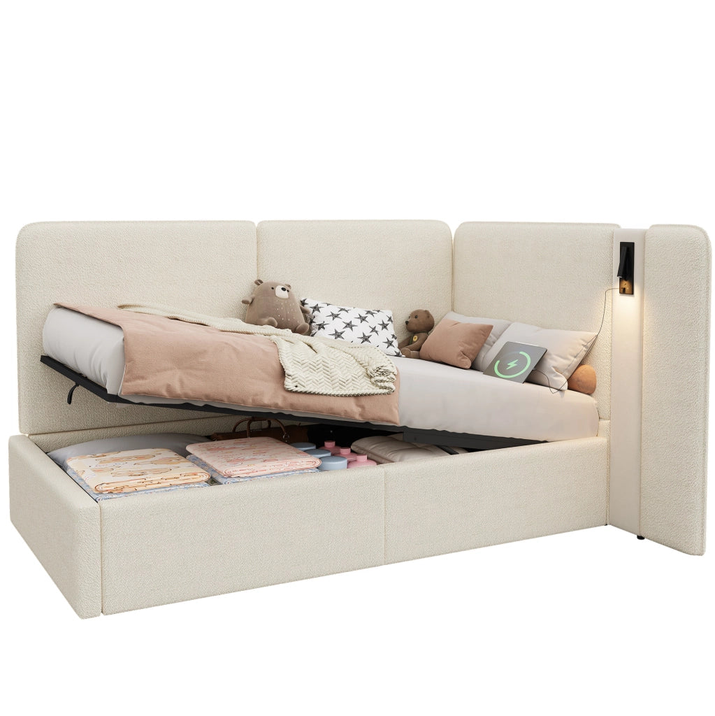 Letto imbottito bouclé beige 90 x 200 cm con vano contenitore e luce
