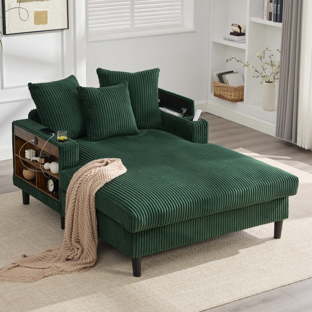 Chaise longue 129x170x70 cm in velluto a coste verde con vano, LED e USB