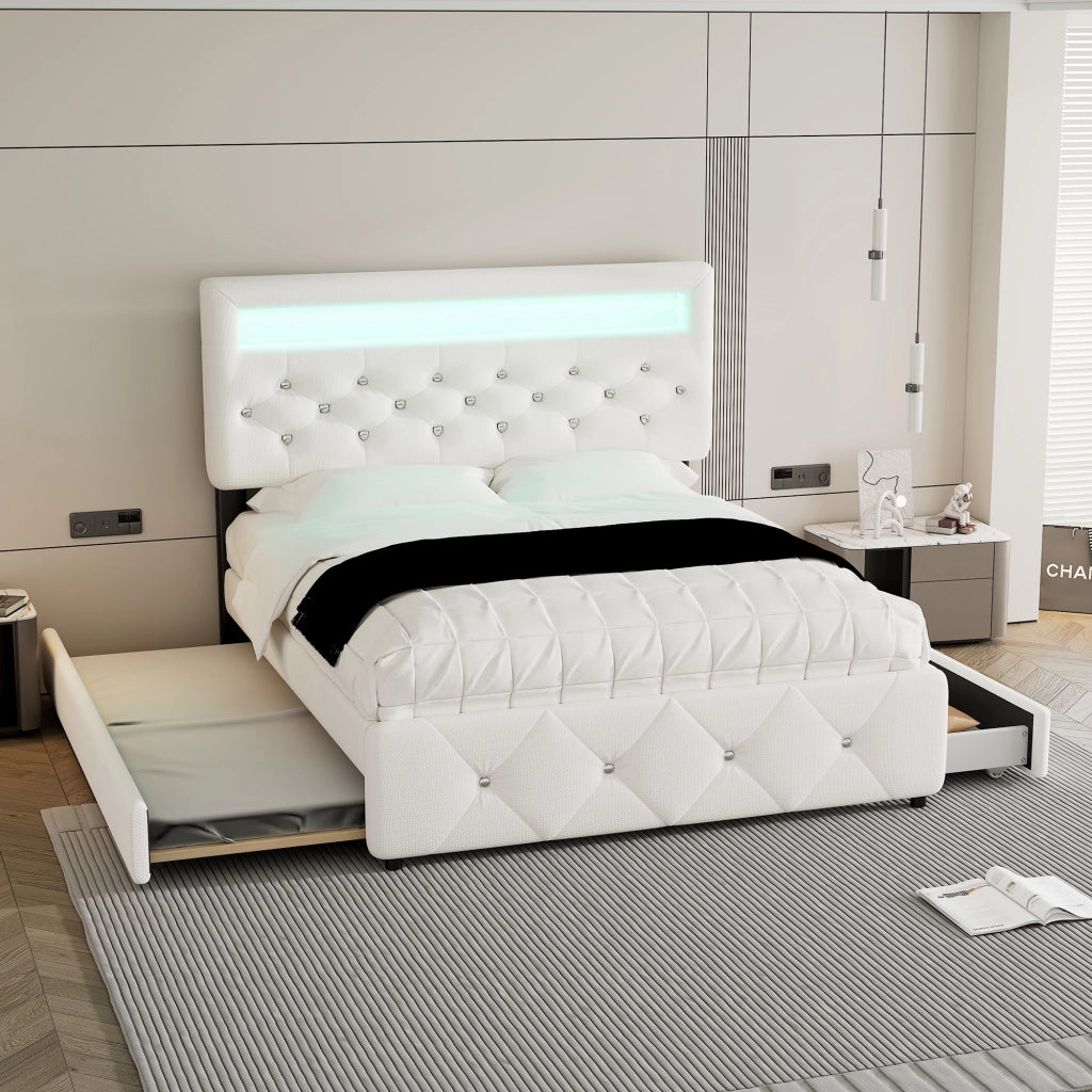 Letto imbottito 140×200 cm bianco con letto estraibile 90×190 cm, 2 cassetti e luce a LED, in tessuto cotone e lino, senza materasso
