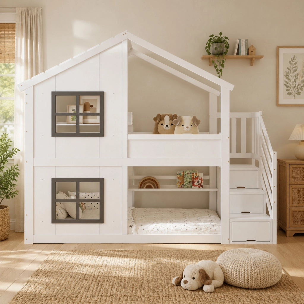Letto a castello per bambini 90 × 200 cm con scale contenitore in legno MDF bianco e grigio con tetto e finestre