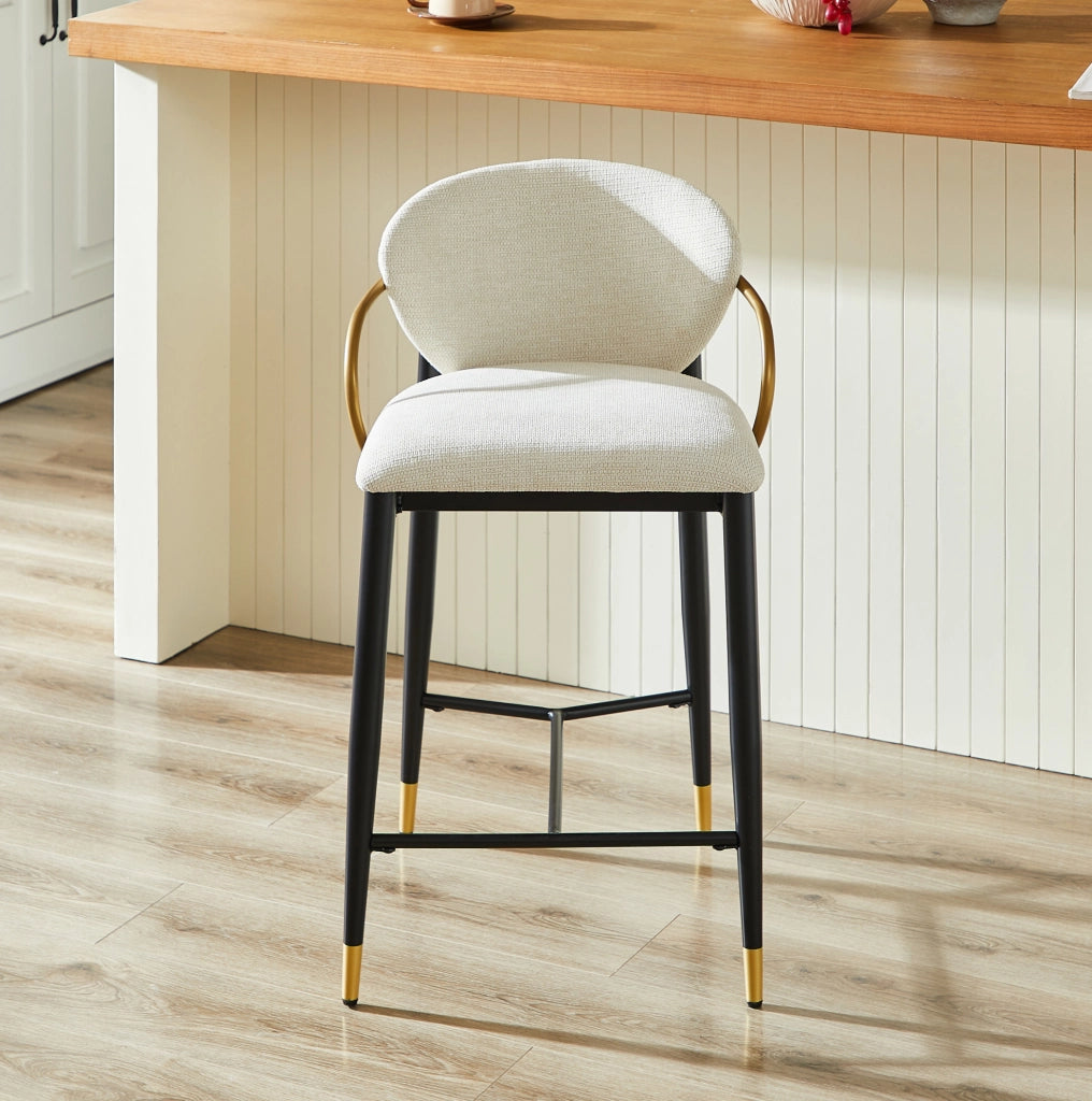 Set di 2 sgabelli da bar in ciniglia beige con schienale e poggiapiedi nero-oro HOMVRA