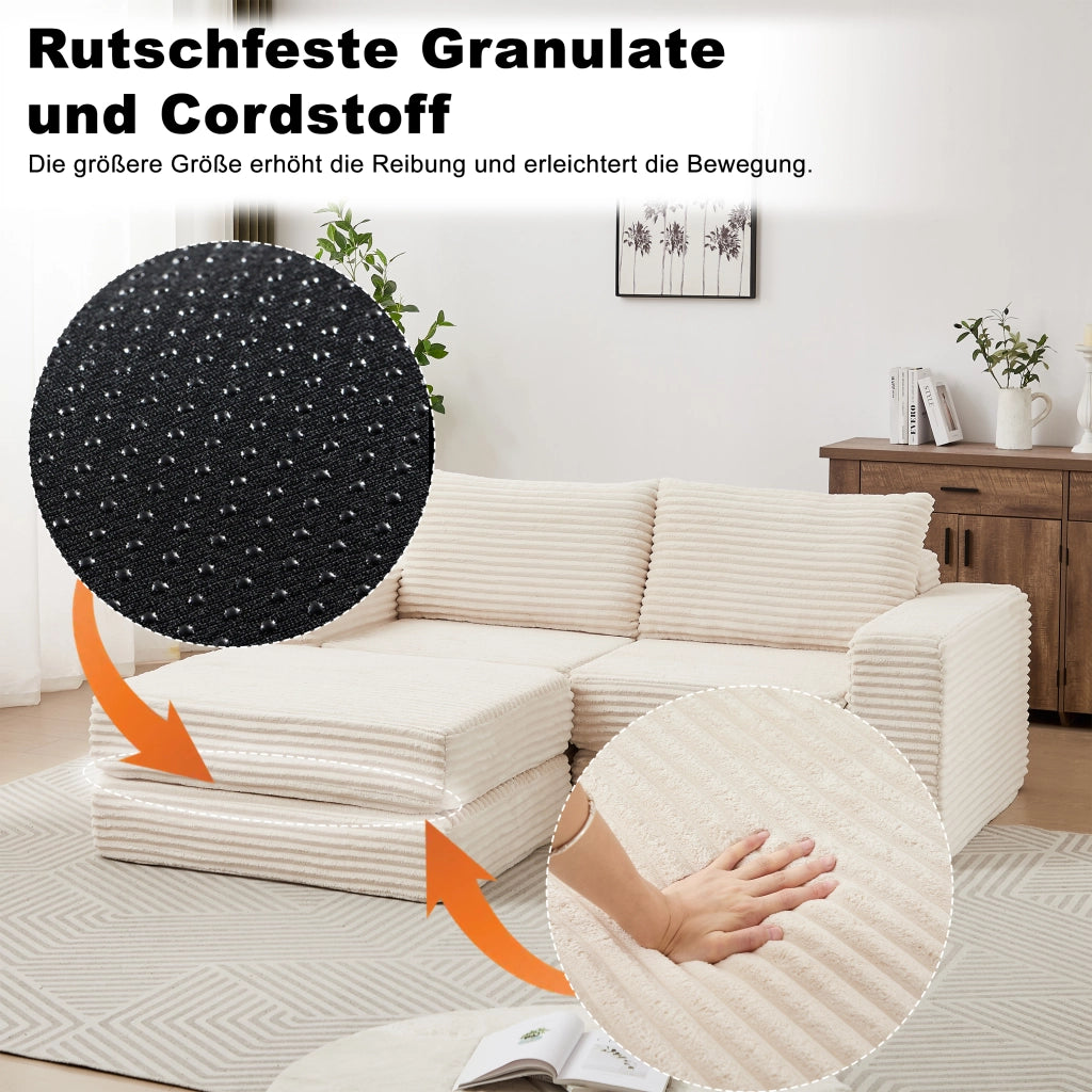 Divano letto modulare con poggiapiedi rimovibile e configurabile rivestimento in velluto a coste beige