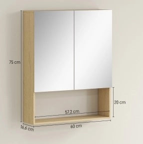 Armadio bagno con specchi doppi, ripiano aperto, montaggio a parete in MDF effetto quercia, 60x16,6x75 cm