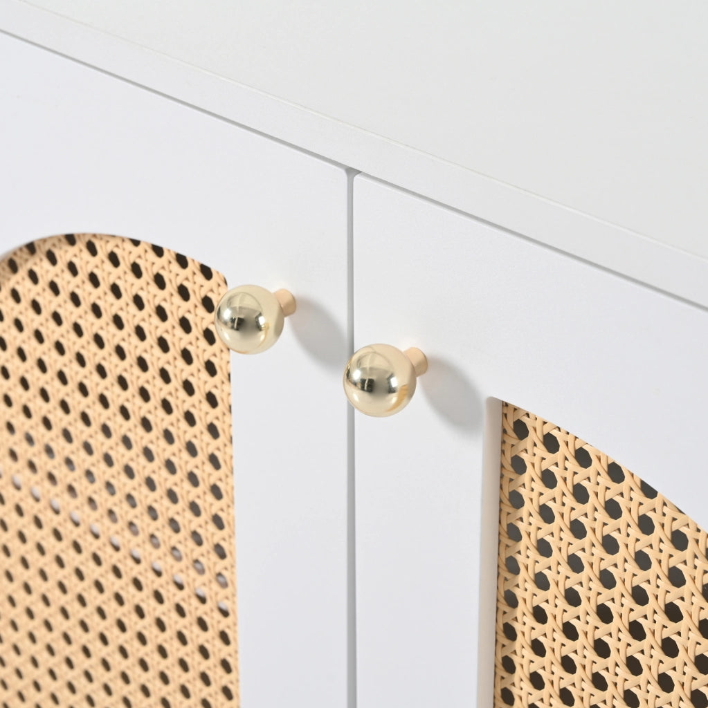 Sideboard moderno con 4 porte in rattan sintetico bianco, maniglie in metallo, per soggiorno, sala da pranzo o cucina