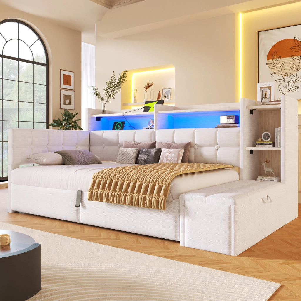 Letto da Giorno 90x200 cm in velluto con Contenitore Idraulico; Panca Contenitore; LED; USB-C; Ripiani Bianco