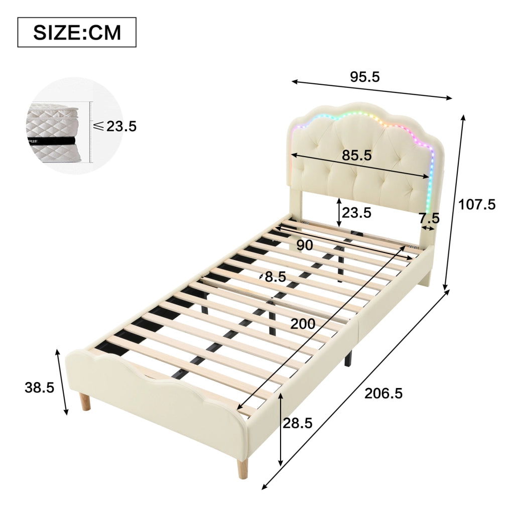 Letto per bambini 90x200 cm con LED multicolore, rivestimento in PU beige