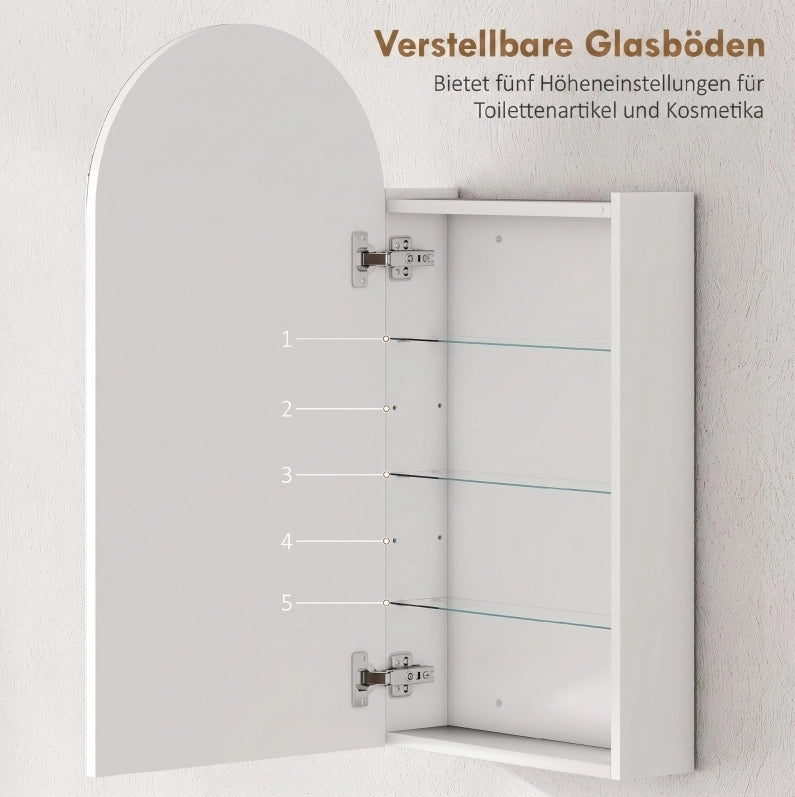 Mobiletto bagno specchiera con specchio ad arco senza cornice, ripiani in vetro regolabili, bianco, 40x12x80 cm