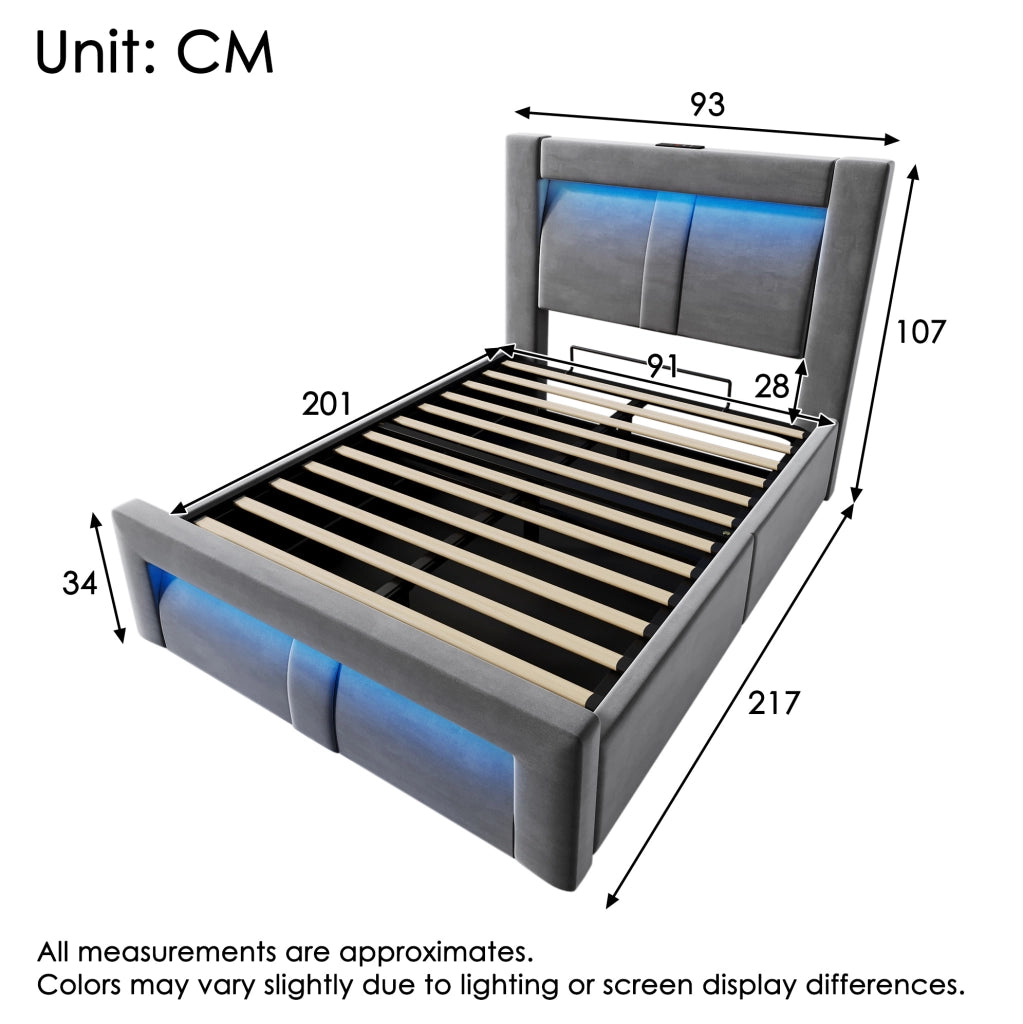 Letto singolo 90x200 cm con contenitore, LED e ricarica USB/Type-C