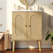 Mobile bagno 61cm con lavabo in ceramica, ante in rattan traspirante e struttura in MDF effetto legno naturale