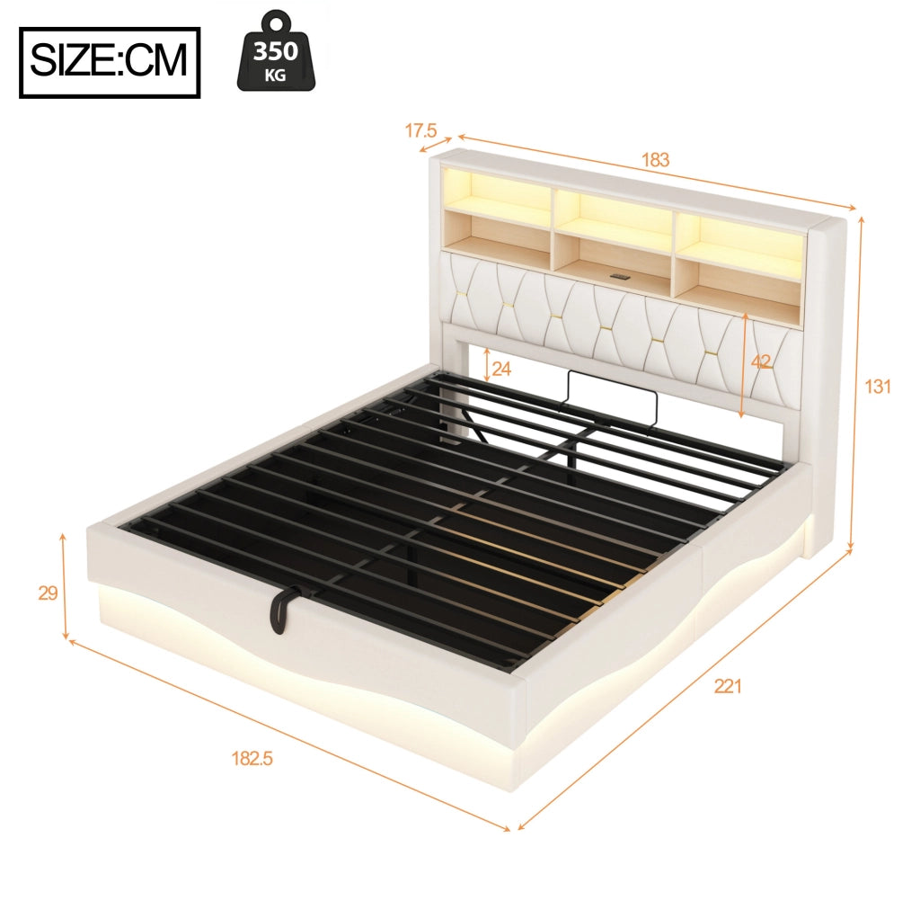 Letto contenitore 180x200 cm in lino e metallo beige con LED e USB, senza materasso