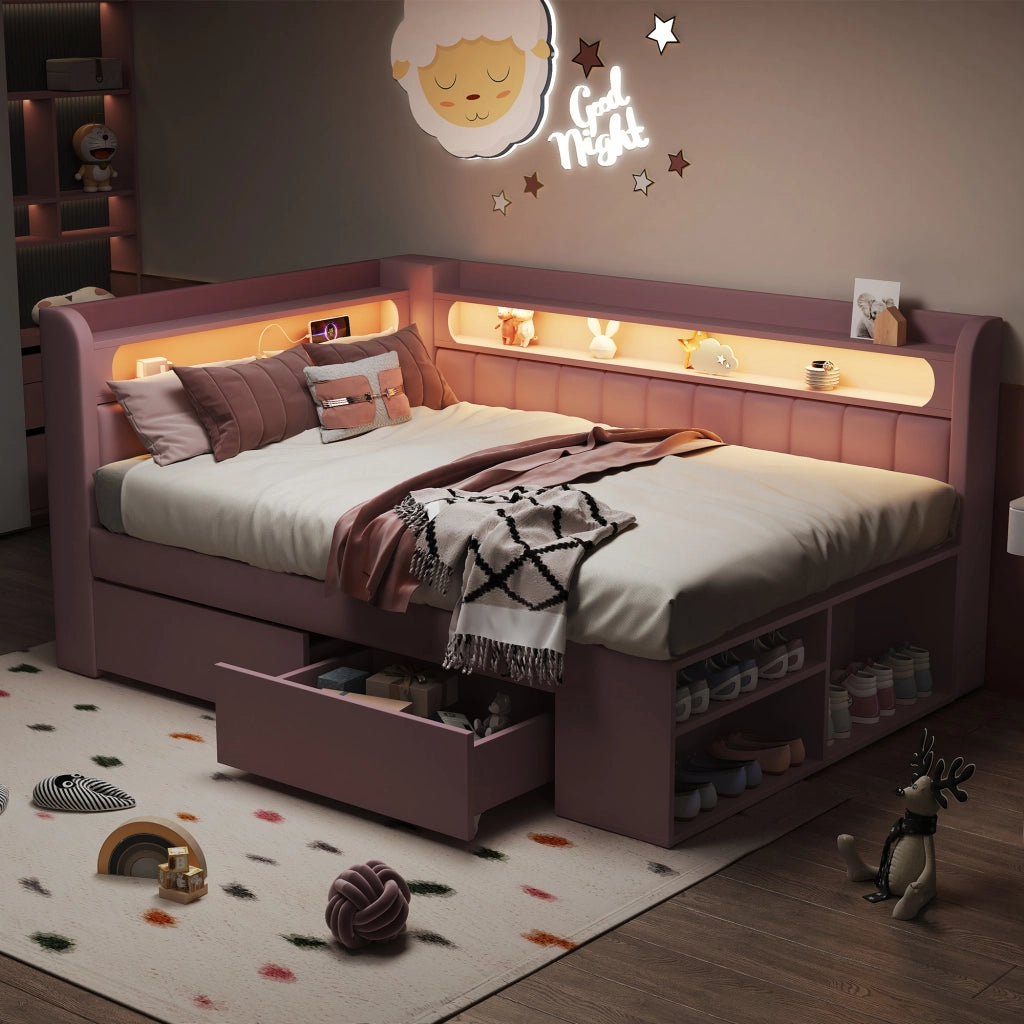 Letto con cassetti 90 × 200 cm con LED USB mobile portascarpe struttura imbottita in MDF e compensato rosa