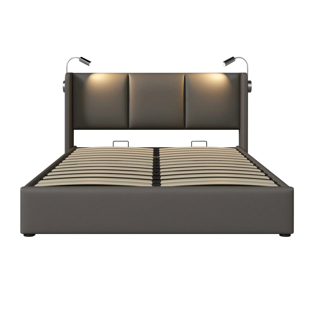 Letto contenitore grigio 180x200 cm in similpelle PU, rete a doghe sollevabile, luci da lettura e 2 USB
