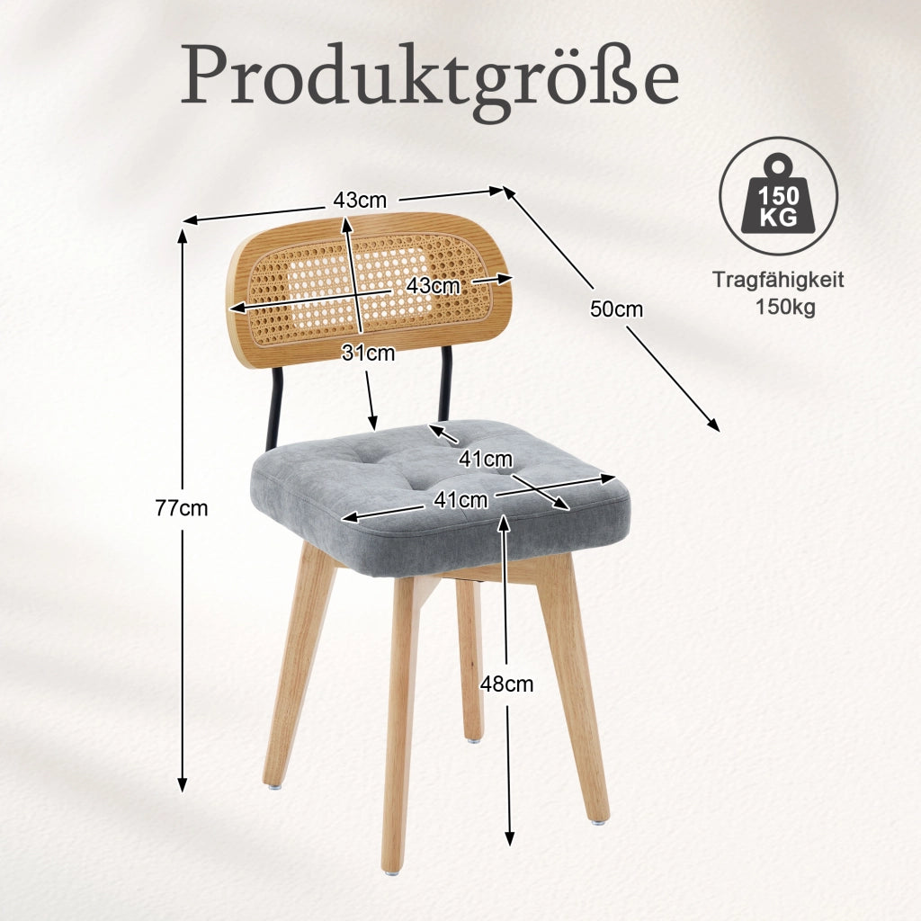 Desviae Set di 2 sedie da pranzo girevoli a 360° con schienale in rattan intrecciato e seduta in ciniglia grigia