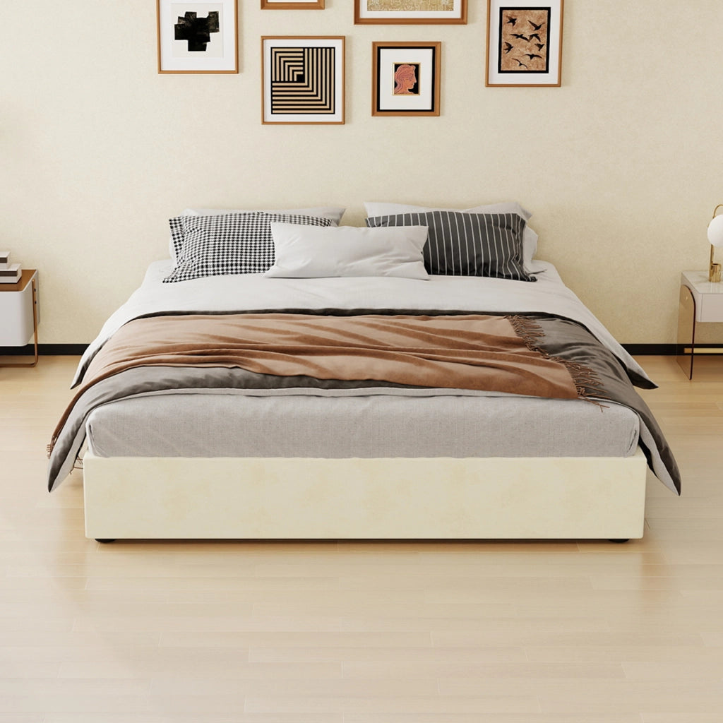 Letto matrimoniale 160 × 200 cm 2 posti senza testiera, materasso incluso, struttura in tessuto e metallo beige