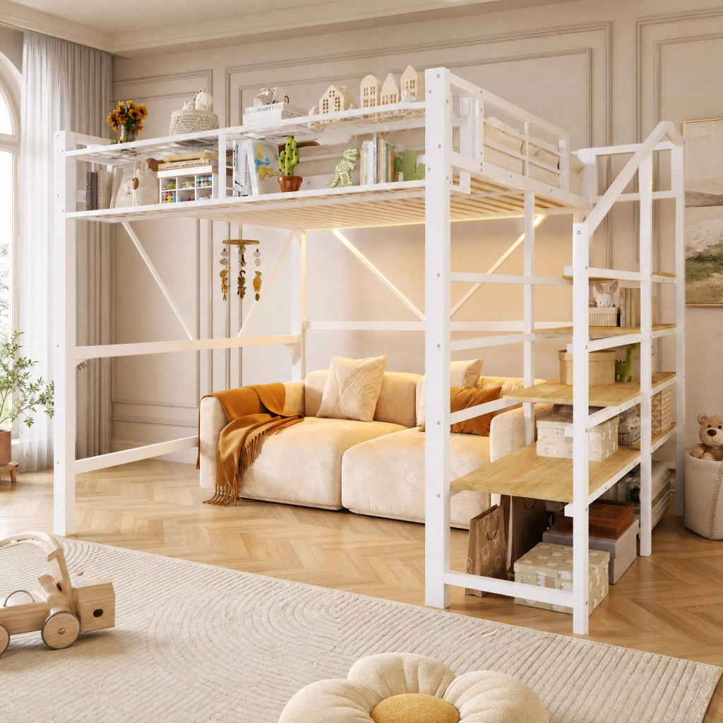 Hochbett 140x200 cm in metallo e MDF, con scala a ripiani, rete a griglia, contenitore e LED, bianco