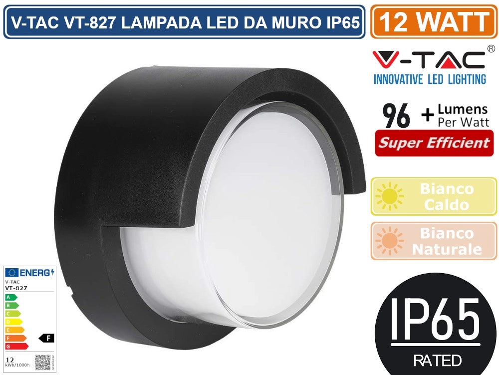 V-TAC VT-827 LAMPADA LED DA MURO 12W WALL LIGHT IP65 APPLIQUE ROTONDA COLORE NERO - Colore Luce:Bianco Caldo