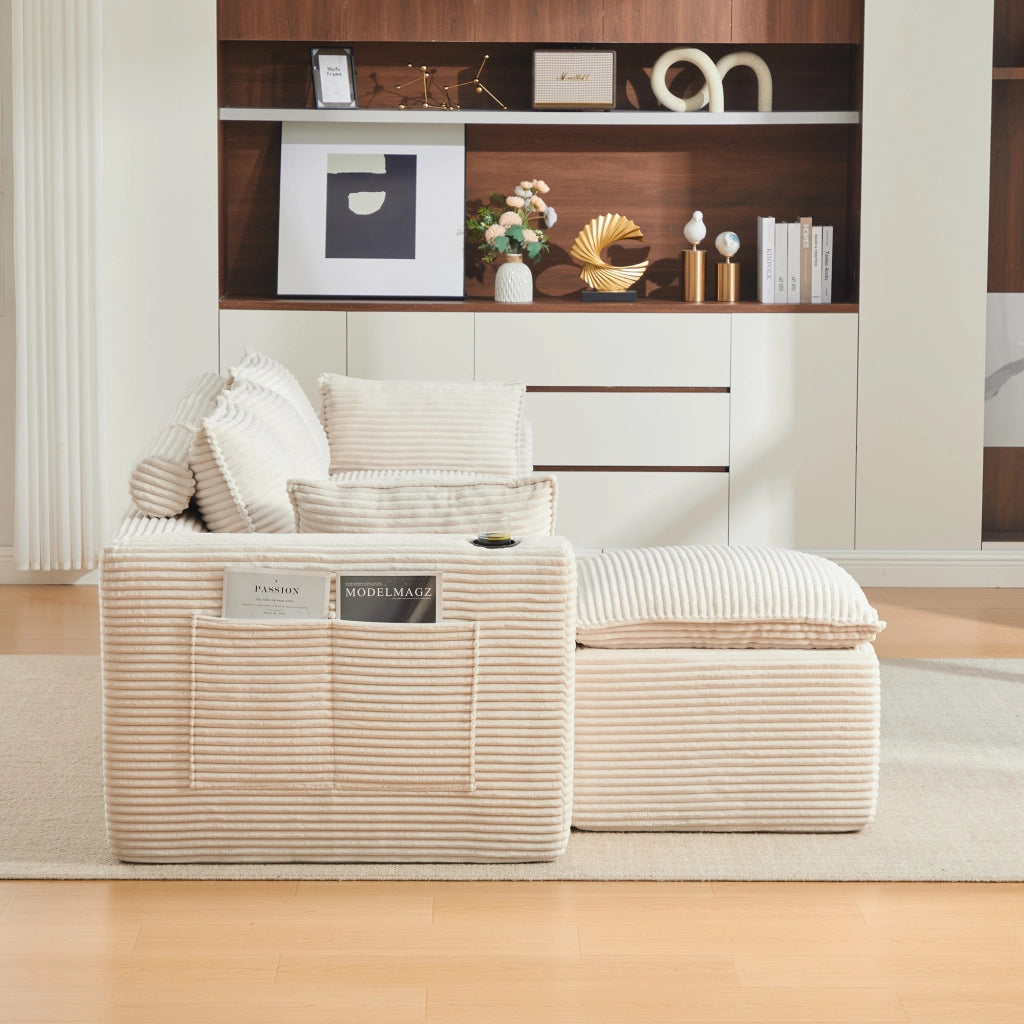 Divano modulare 3 posti - con cuscini e tasche laterali - in corduroy beige