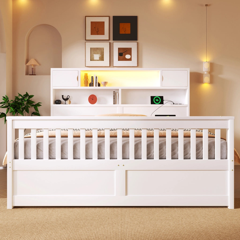 Letto con cassetti 160 × 200 cm con testiera libreria LED quattro cassetti in MDF e compensato bianco