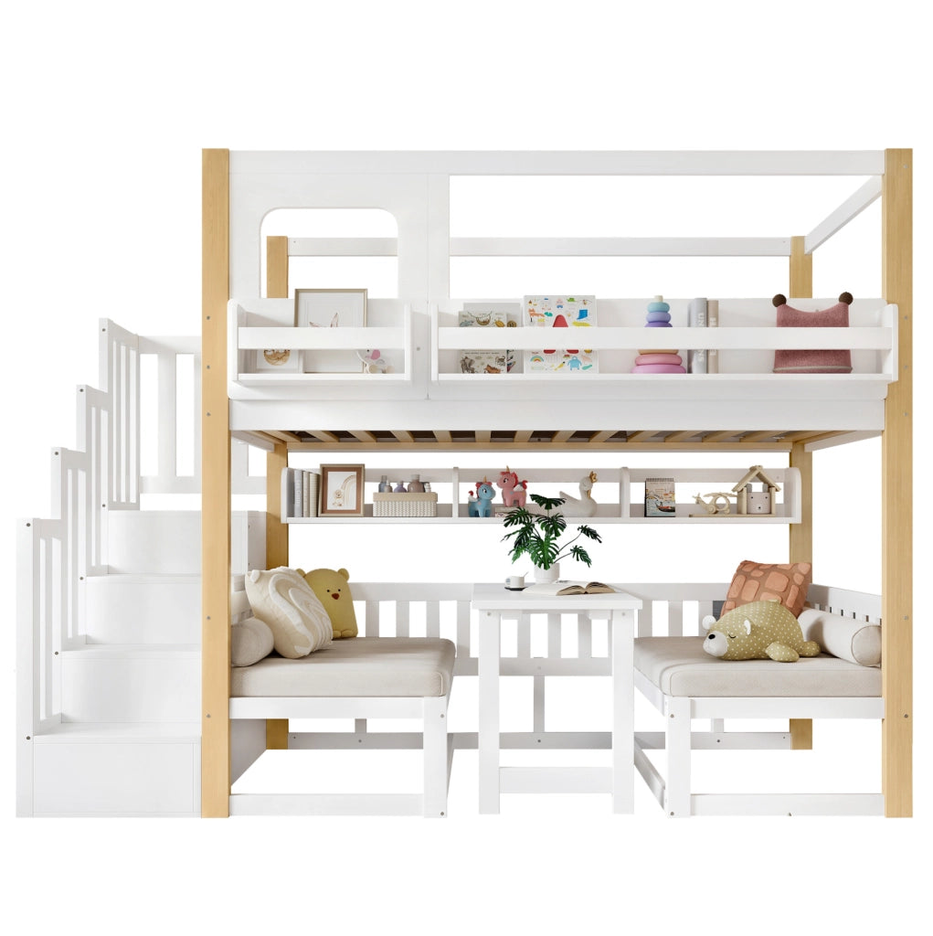 Letto a castello con scrivania regolabile in altezza, scala portaoggetti stabile, legno di pino e MDF, 90x200 cm bianco e naturale