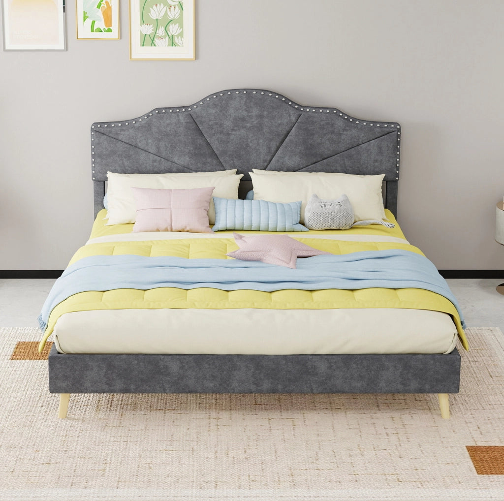 Letto moderno minimalista grigio 160x200 cm con testiera morbida e materasso incluso