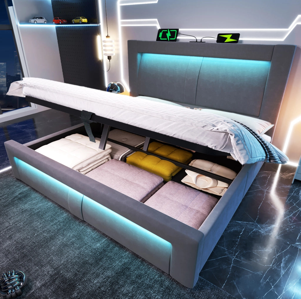 Letto matrimoniale 180x200 cm con contenitore; LED e porte USB; in velluto grigio