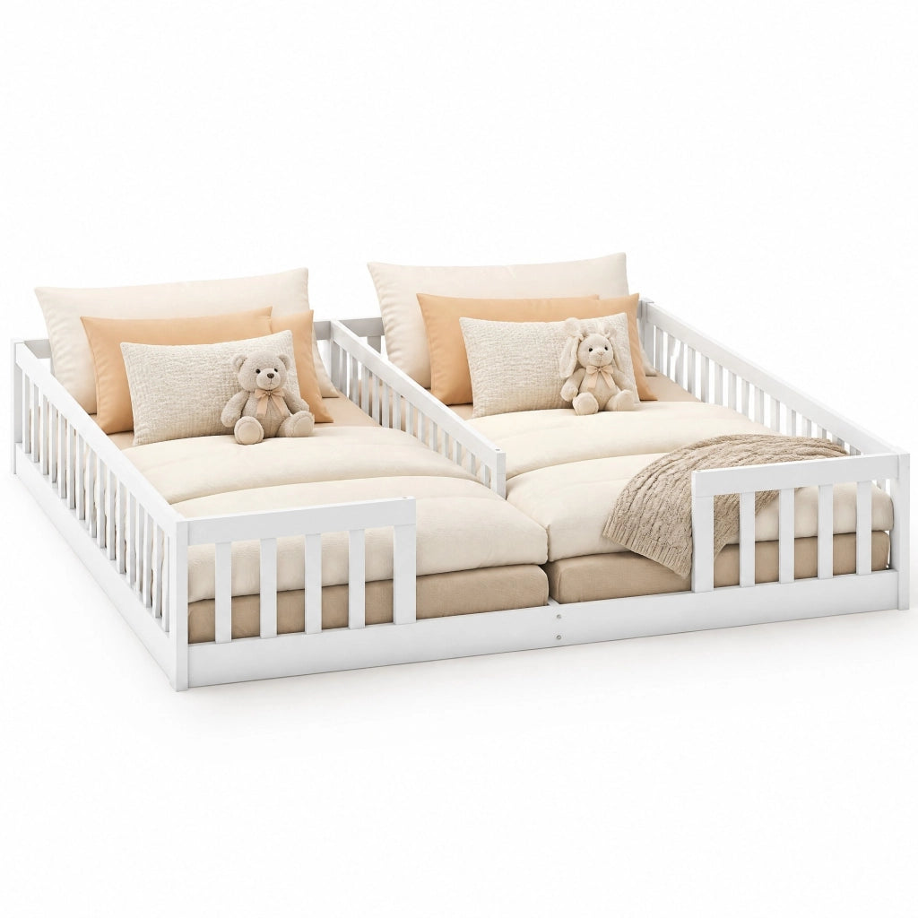 Letto per bambini doppio 90 × 200 cm con sponde di sicurezza in pino e MDF bianco senza rete né materassi