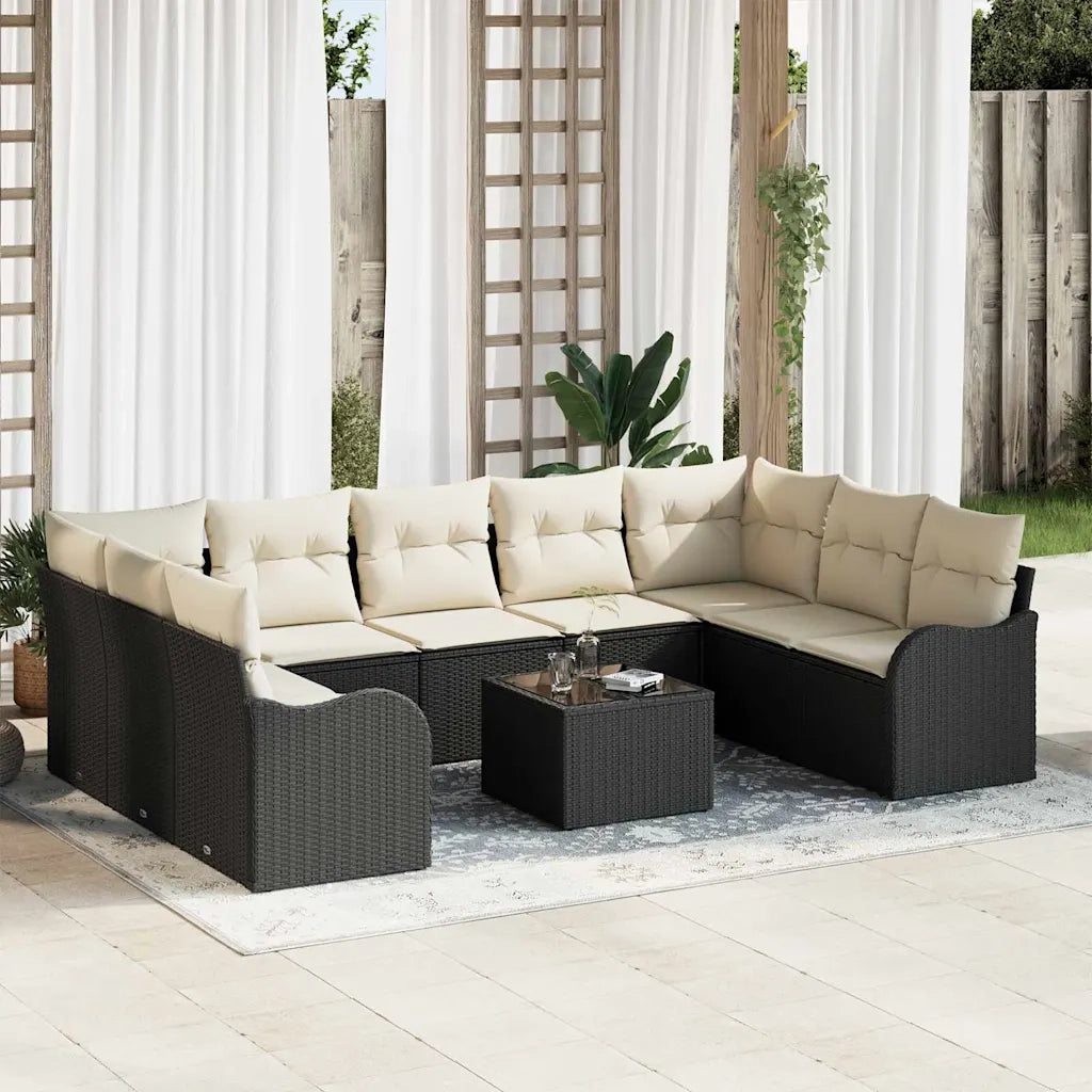 Set Divano da Giardino 10 pcs Nero e bianco Poly Rattan