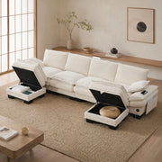Divano modulare 4 posti in velluto a coste beige con 2 pouf